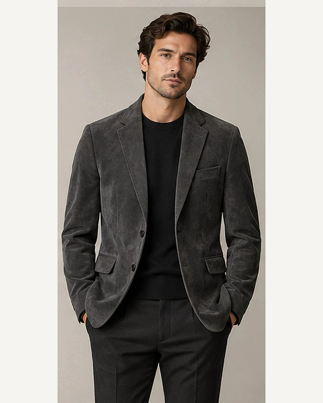 DFCOLOR::Charcoal::onbody — Faux Suede Slim Notch-Lapel Blazer; 4:5 full-image reframed without crop