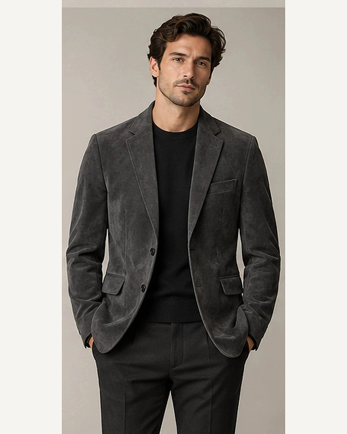 DFCOLOR::Charcoal::onbody — Faux Suede Slim Notch-Lapel Blazer; 4:5 full-image reframed without crop