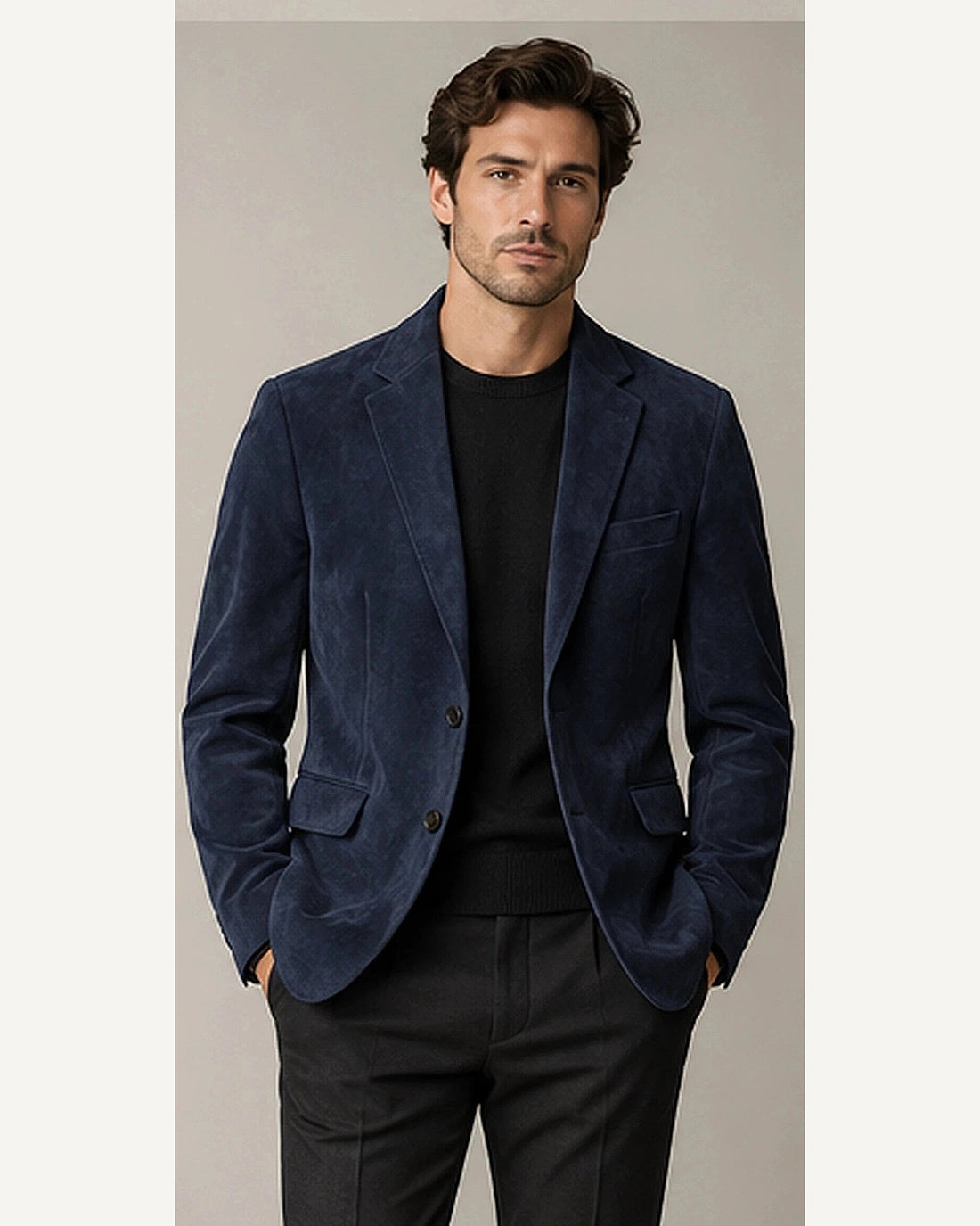 DFCOLOR::Navy::onbody — Faux Suede Slim Notch-Lapel Blazer; 4:5 full-image reframed without crop