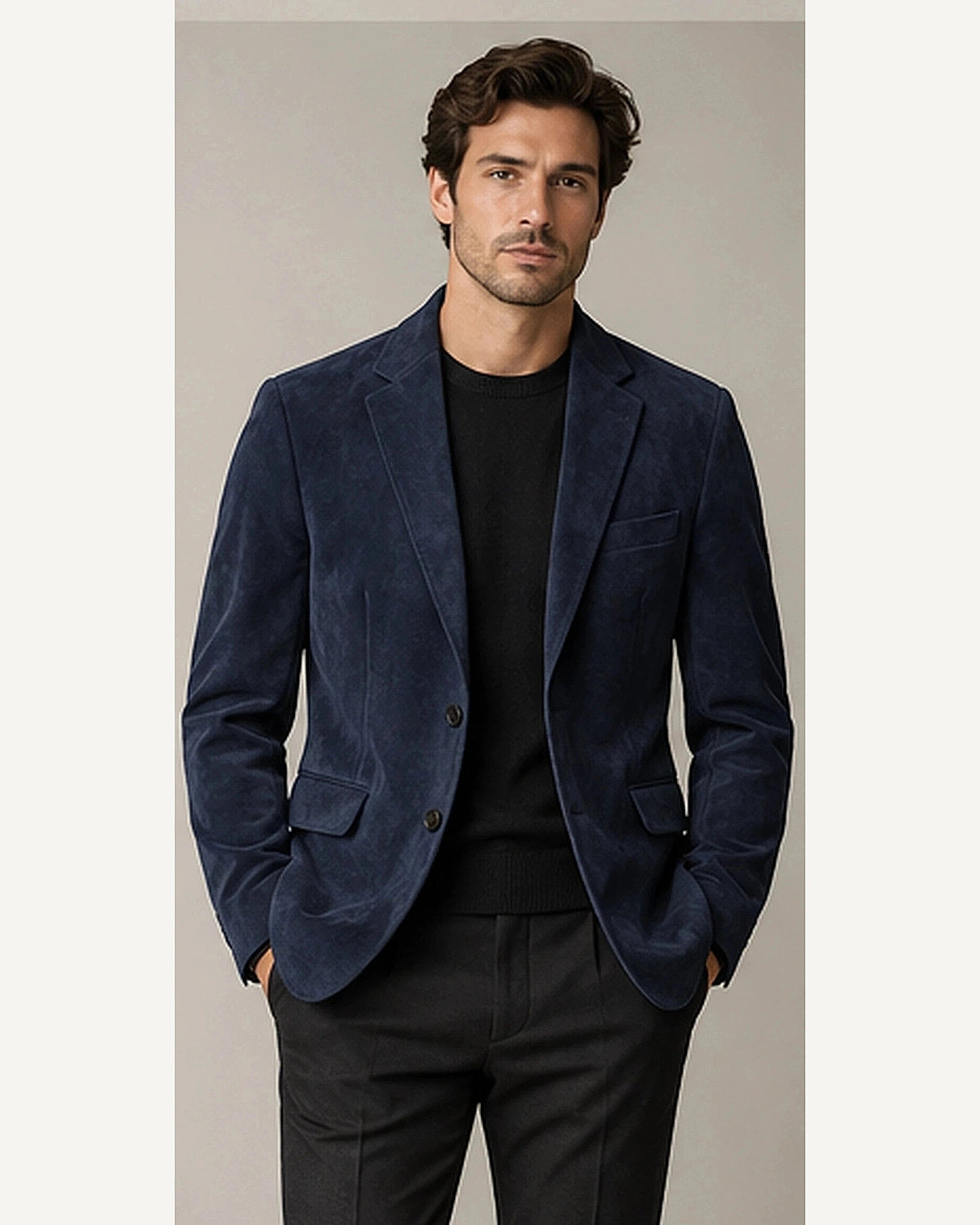 DFCOLOR::Navy::onbody — Faux Suede Slim Notch-Lapel Blazer; 4:5 full-image reframed without crop