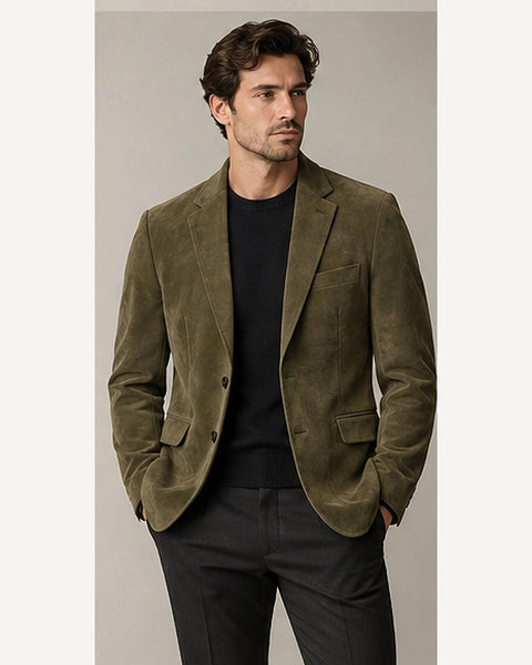 DFCOLOR::Olive::onbody — Faux Suede Slim Notch-Lapel Blazer; 4:5 full-image reframed without crop