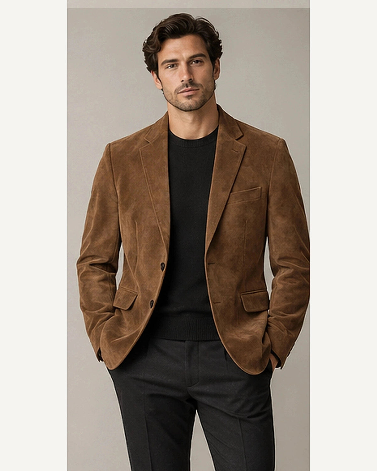 DFCOLOR::Tobacco::onbody — Faux Suede Slim Notch-Lapel Blazer; 4:5 full-image reframed without crop
