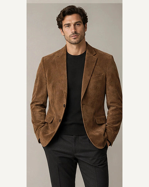 DFCOLOR::Tobacco::onbody — Faux Suede Slim Notch-Lapel Blazer; 4:5 full-image reframed without crop