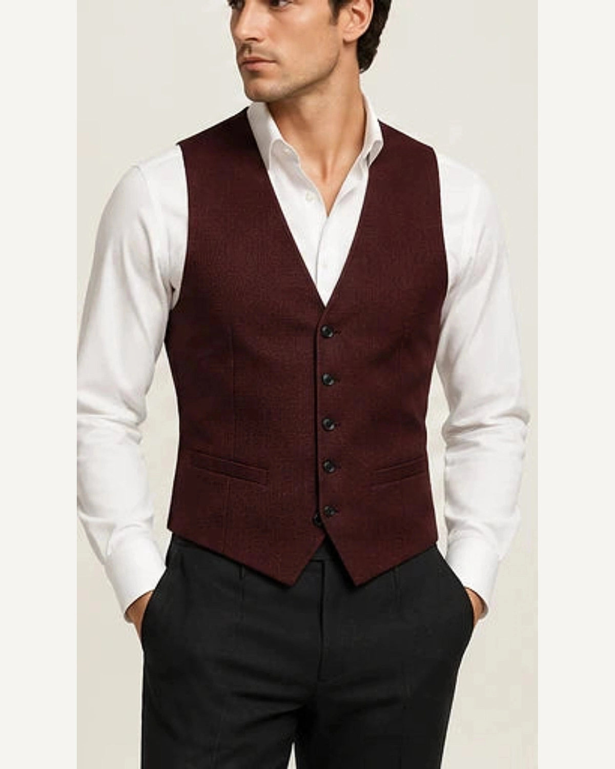 DFCOLOR::Burgundy::onbody — Ivory Textured Tailored Waistcoat; 4:5 full-image reframed without crop