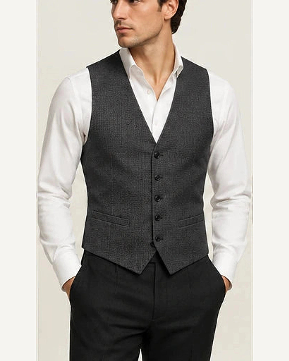 DFCOLOR::Charcoal::onbody — Ivory Textured Tailored Waistcoat; 4:5 full-image reframed without crop