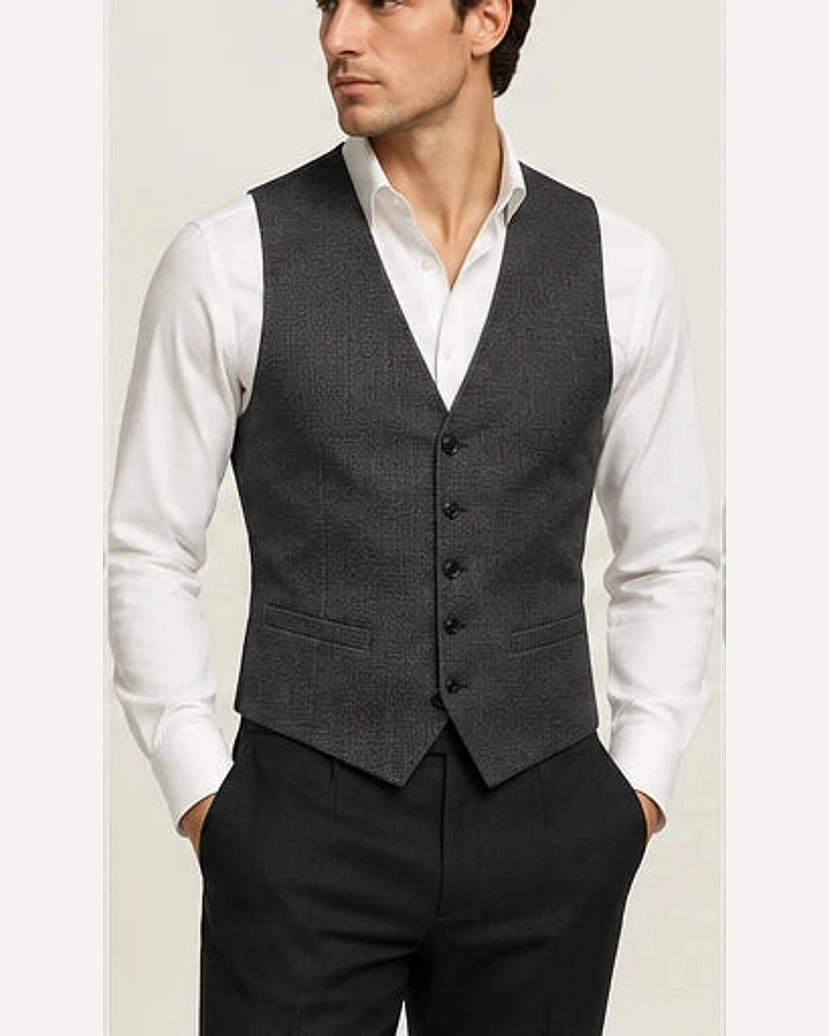 DFCOLOR::Charcoal::onbody — Ivory Textured Tailored Waistcoat; 4:5 full-image reframed without crop