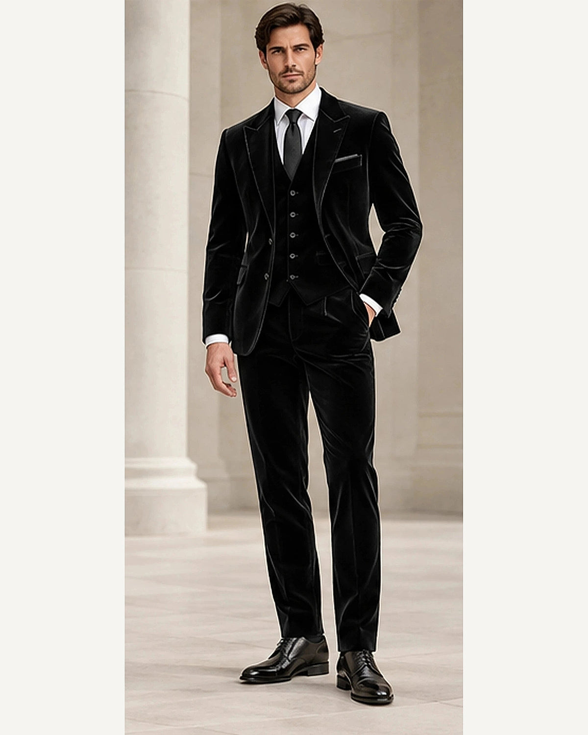 DFCOLOR::Black::onbody — Deep Navy Velvet Three-Piece Suit; 4:5 full-image reframed without crop