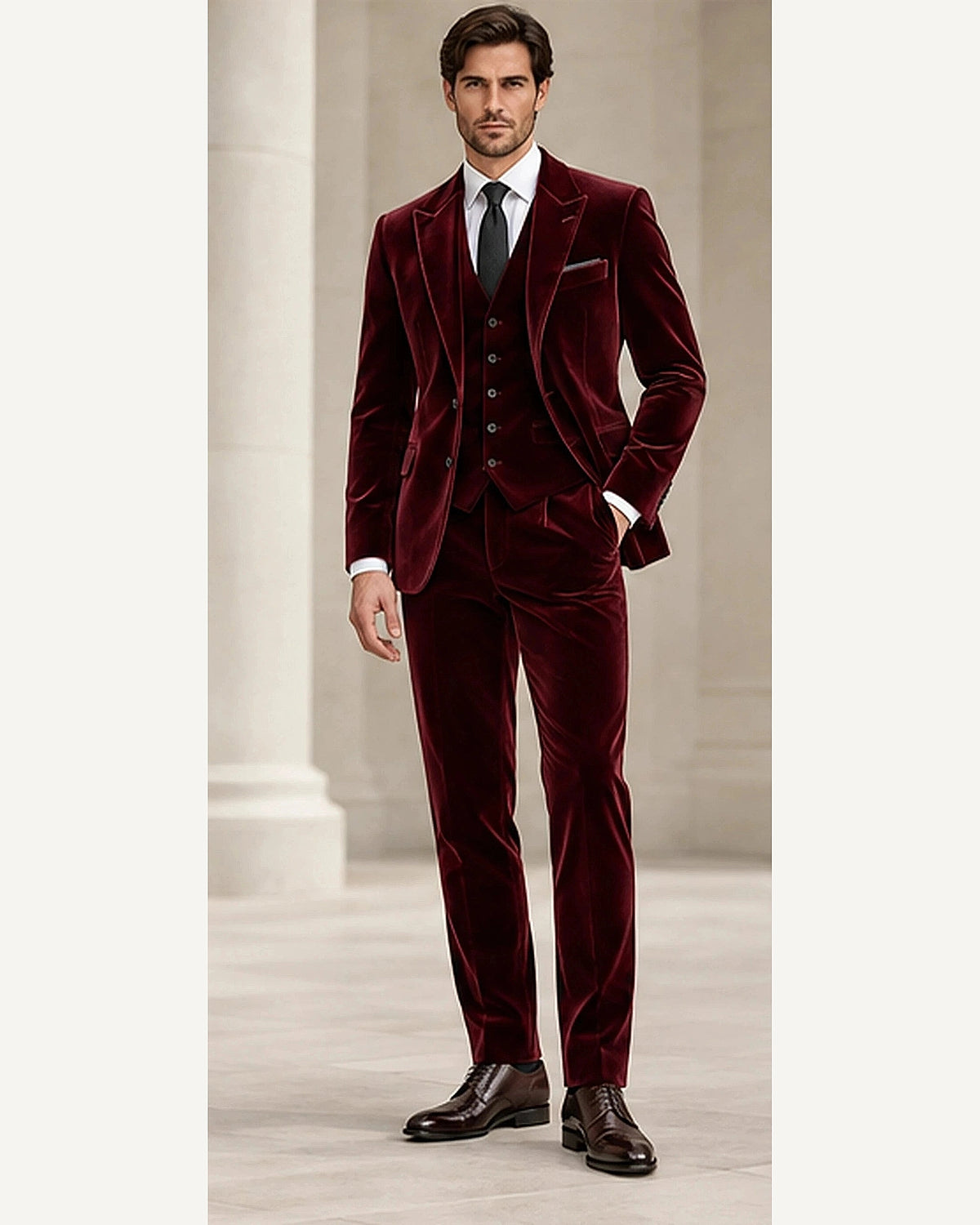 DFCOLOR::Burgundy::onbody — Deep Navy Velvet Three-Piece Suit; 4:5 full-image reframed without crop