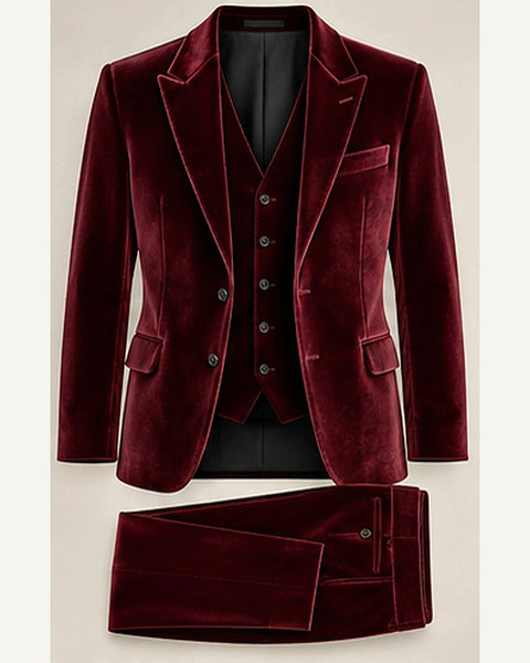 DFCOLOR::Burgundy::product — Deep Navy Velvet Three-Piece Suit; 4:5 full-image reframed without crop