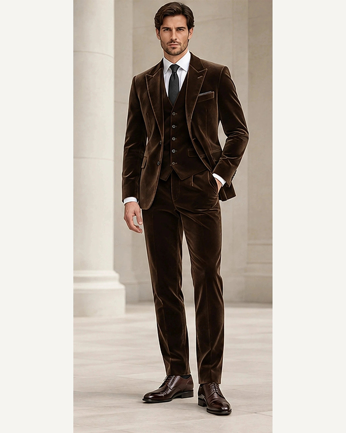 DFCOLOR::Chocolate::onbody — Deep Navy Velvet Three-Piece Suit; 4:5 full-image reframed without crop