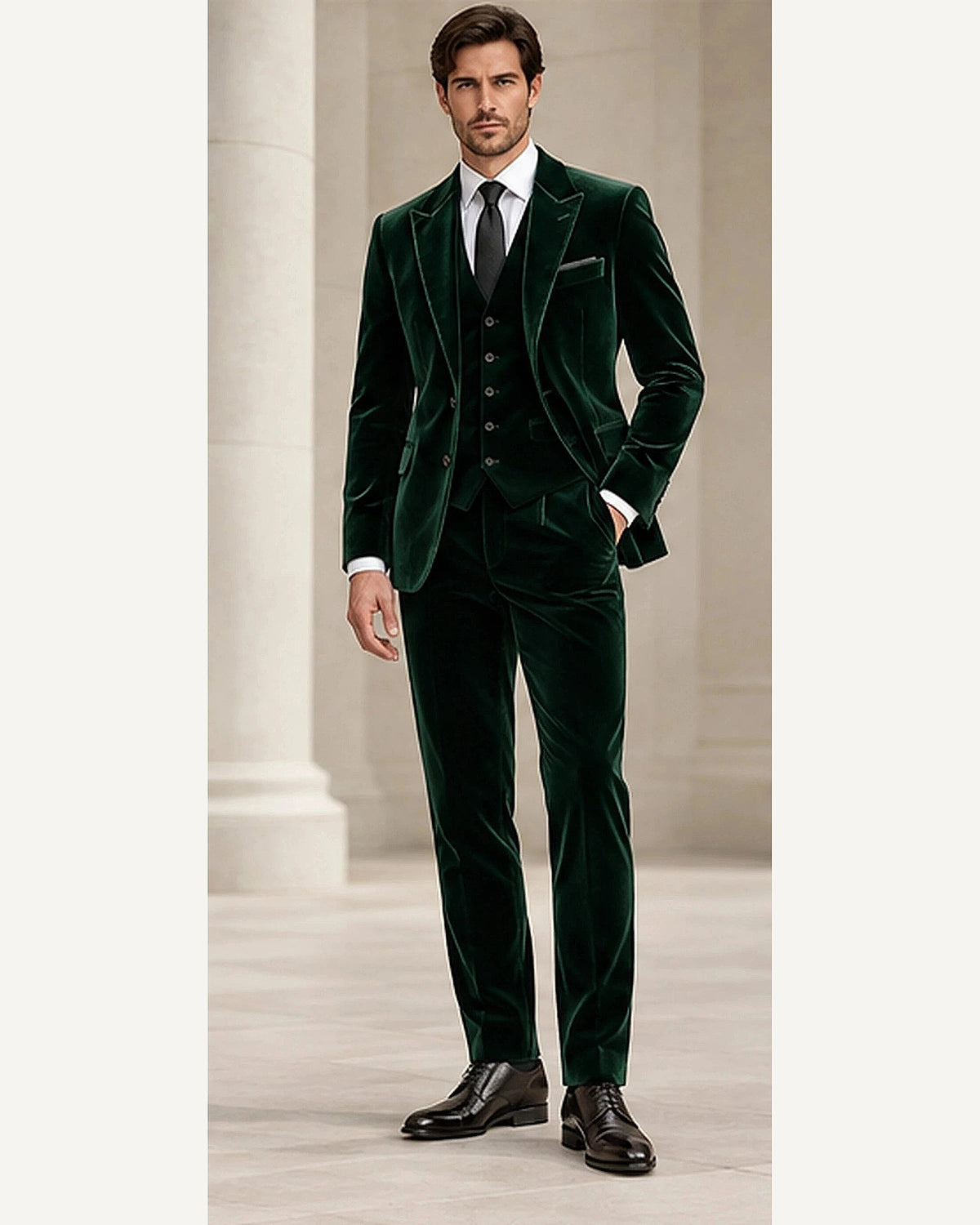 DFCOLOR::Forest Green::onbody — Deep Navy Velvet Three-Piece Suit; 4:5 full-image reframed without crop