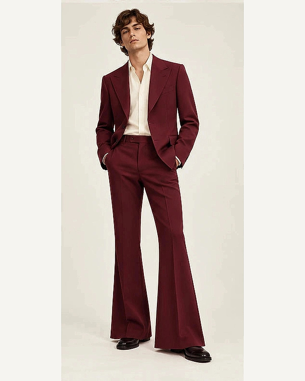 DFCOLOR::Burgundy::onbody — Retro 70s Two-Piece Flare Suit; 4:5 full-image reframed without crop