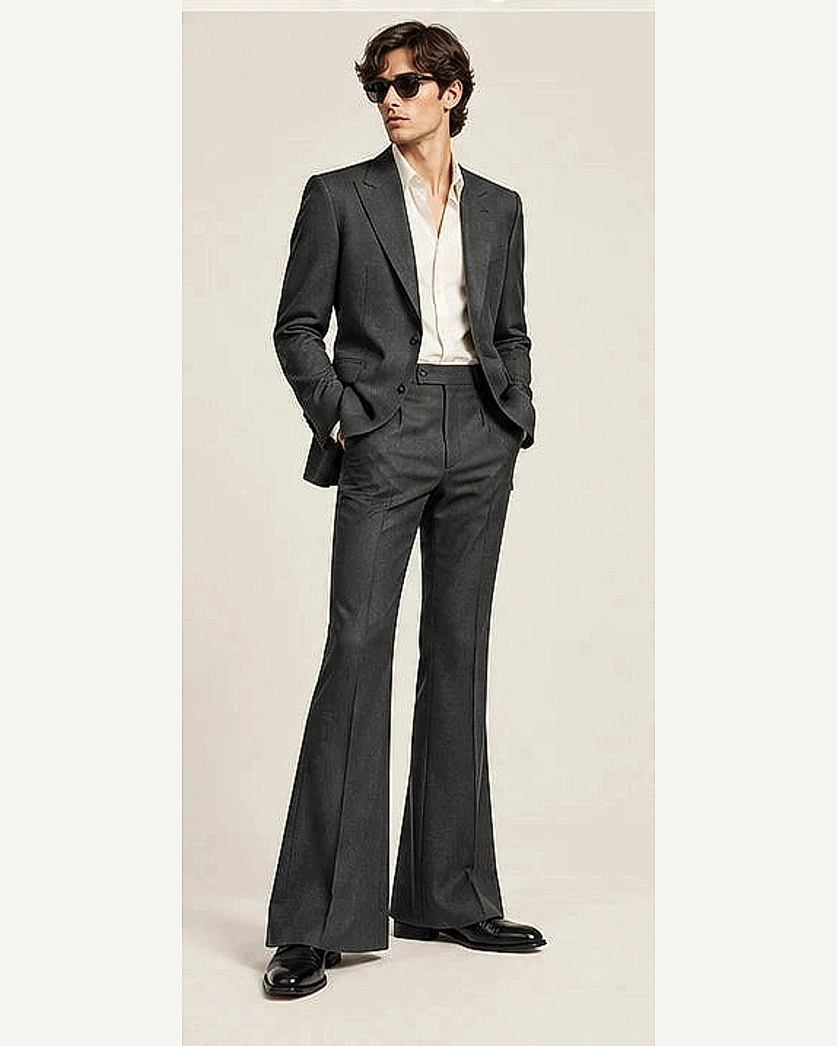 DFCOLOR::Charcoal::onbody — Retro 70s Two-Piece Flare Suit; 4:5 full-image reframed without crop
