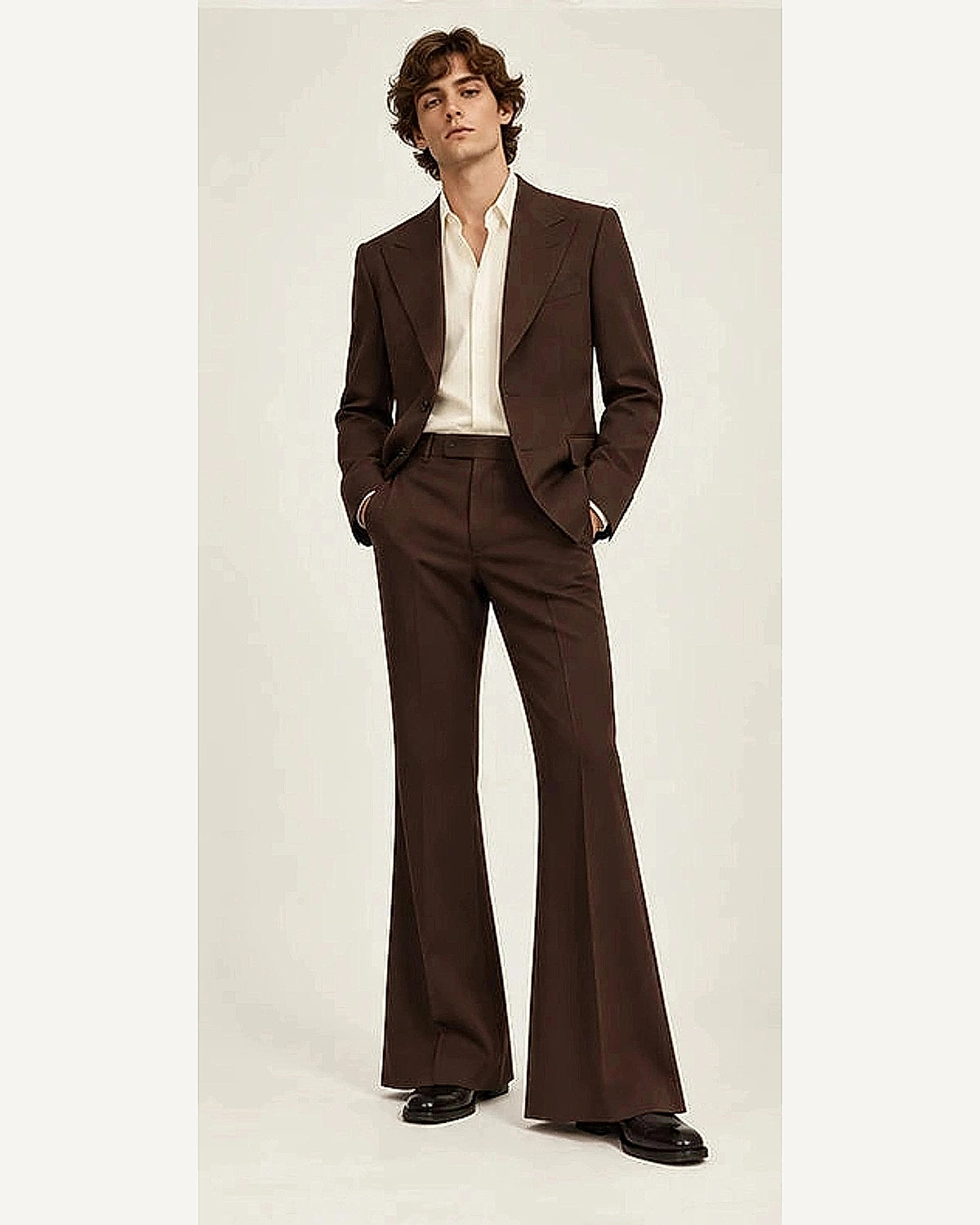 DFCOLOR::Espresso::onbody — Retro 70s Two-Piece Flare Suit; 4:5 full-image reframed without crop
