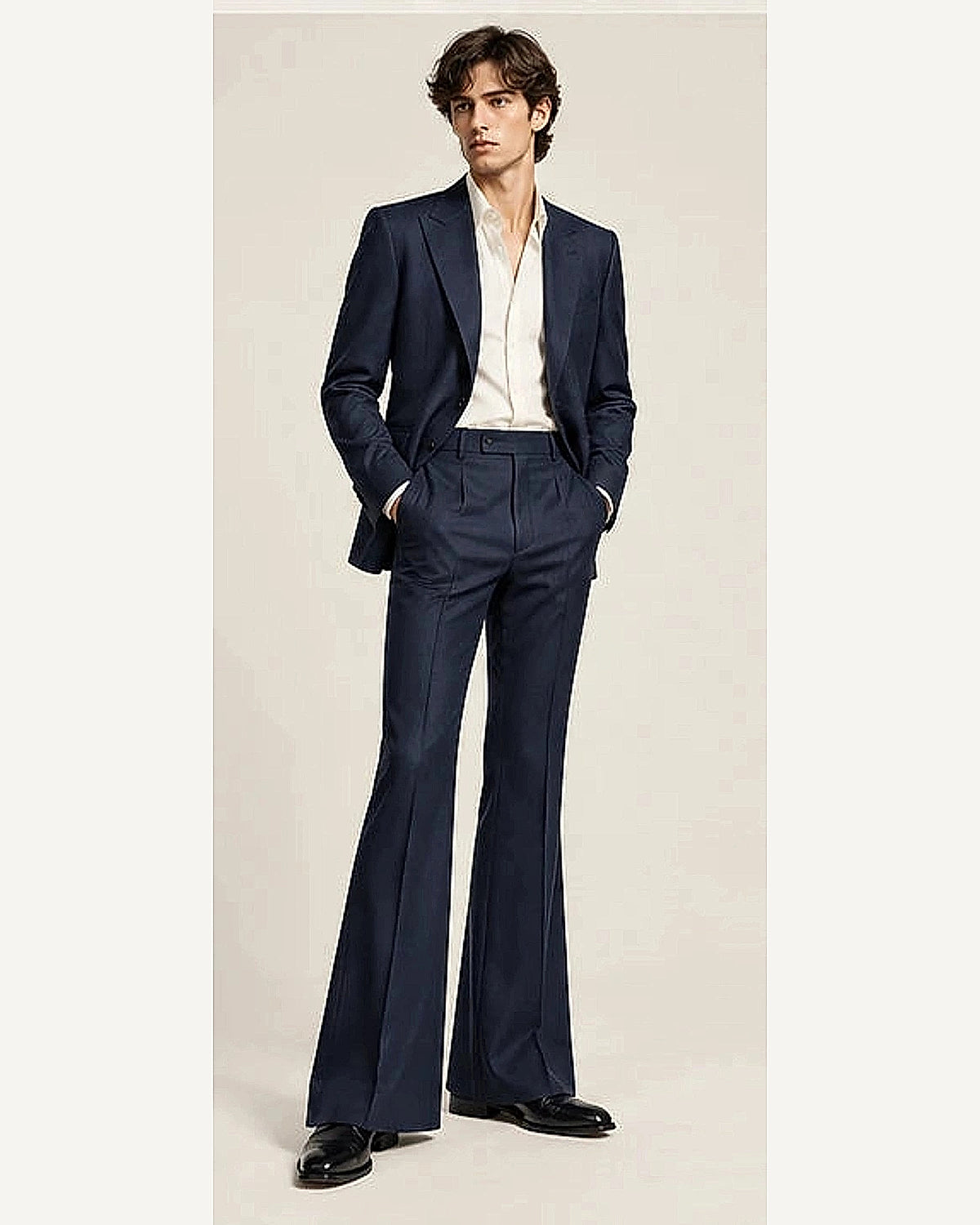 DFCOLOR::Navy::onbody — Retro 70s Two-Piece Flare Suit; 4:5 full-image reframed without crop