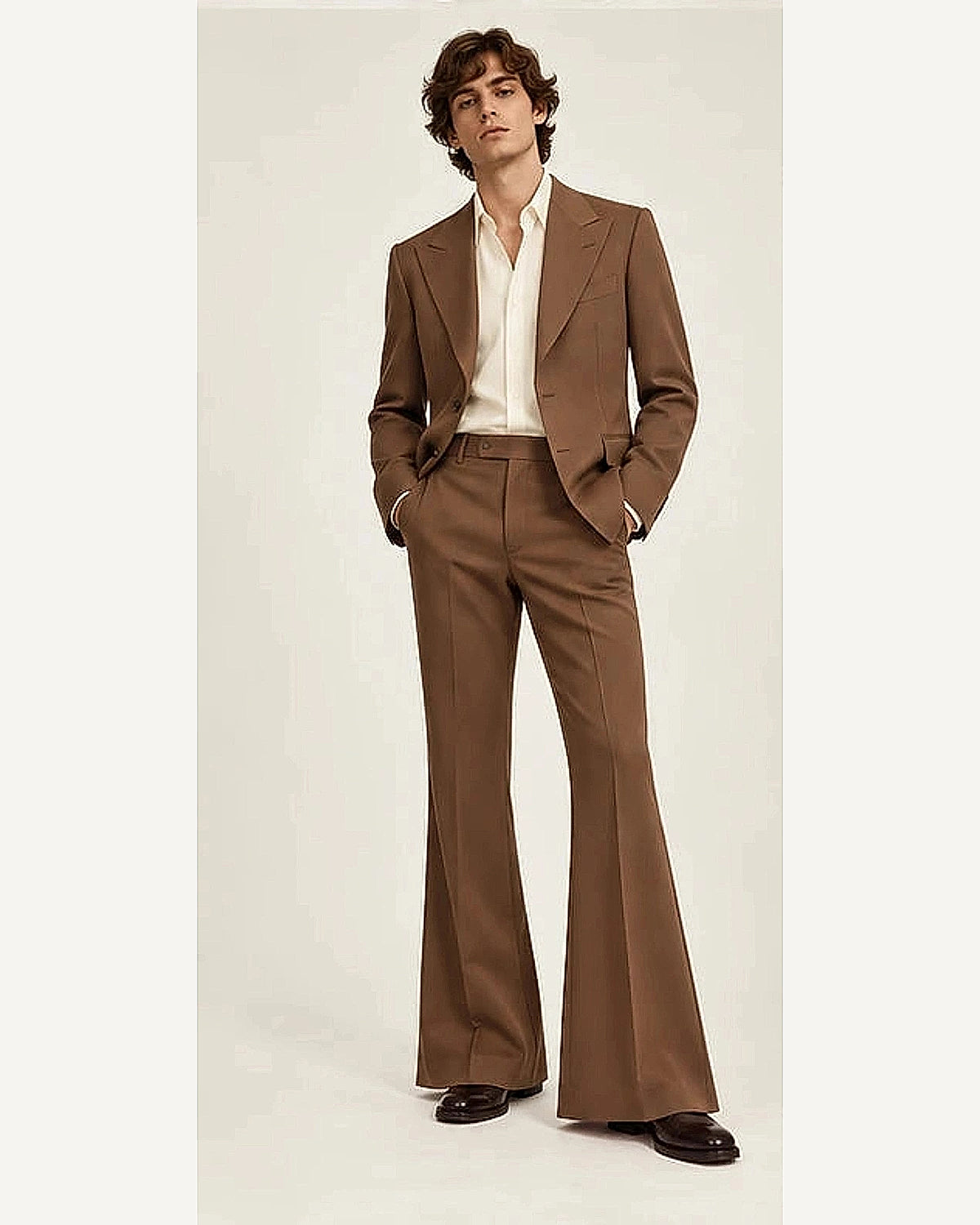 DFCOLOR::Walnut::onbody — Retro 70s Two-Piece Flare Suit; 4:5 full-image reframed without crop