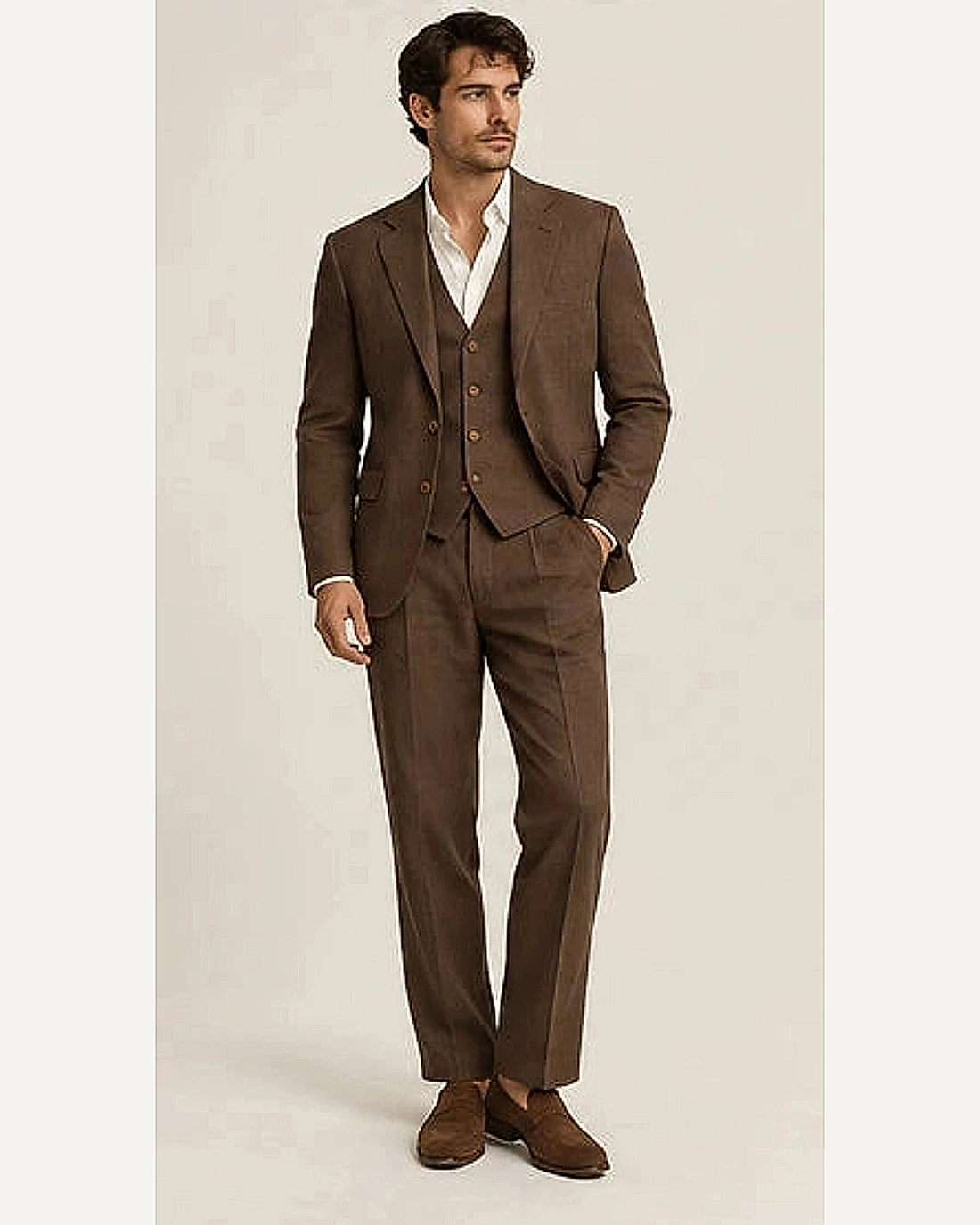 DFCOLOR::Chocolate::onbody — Sand Linen-Look Cotton Three-Piece Suit; 4:5 full-image reframed without crop