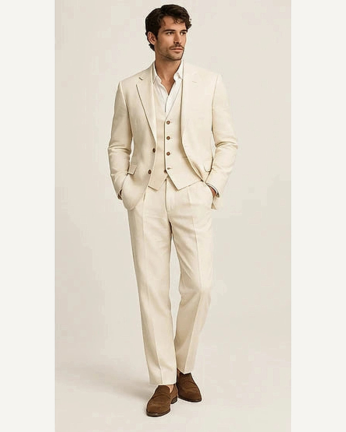 DFCOLOR::Ecru::onbody — Sand Linen-Look Cotton Three-Piece Suit; 4:5 full-image reframed without crop