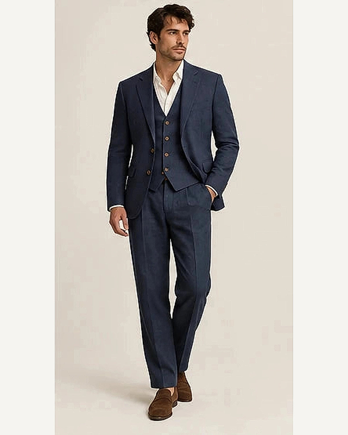 DFCOLOR::Navy::onbody — Sand Linen-Look Cotton Three-Piece Suit; 4:5 full-image reframed without crop