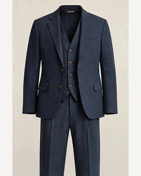 DFCOLOR::Navy::product — Sand Linen-Look Cotton Three-Piece Suit; 4:5 full-image reframed without crop