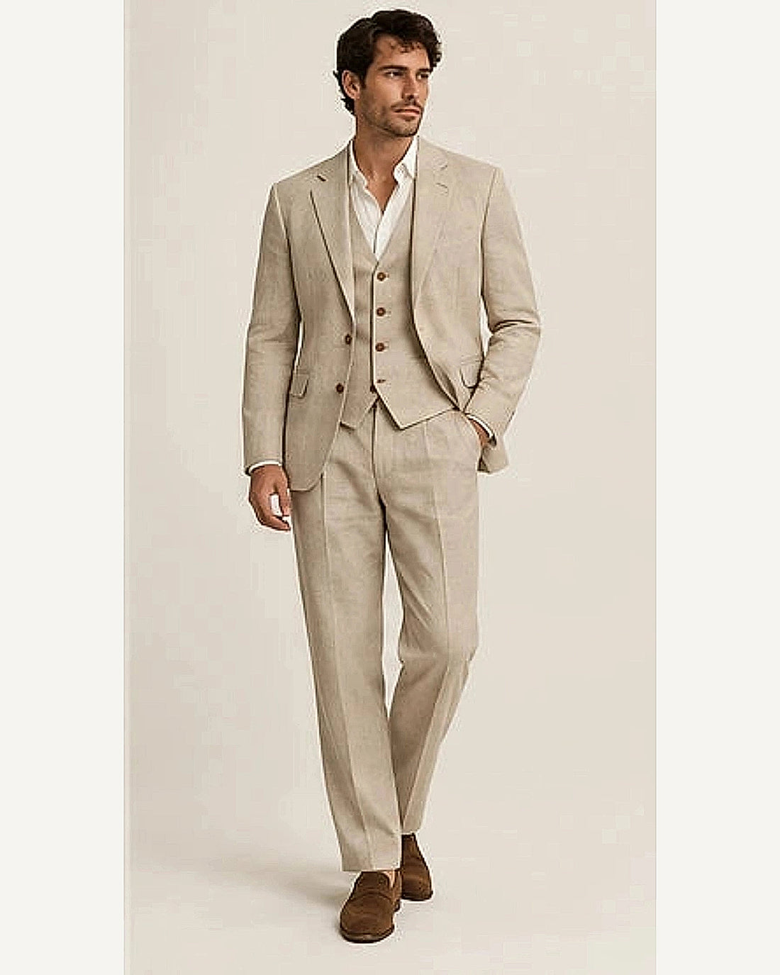 DFCOLOR::Stone::onbody — Sand Linen-Look Cotton Three-Piece Suit; 4:5 full-image reframed without crop
