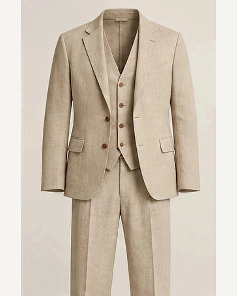 DFCOLOR::Stone::product — Sand Linen-Look Cotton Three-Piece Suit; 4:5 full-image reframed without crop