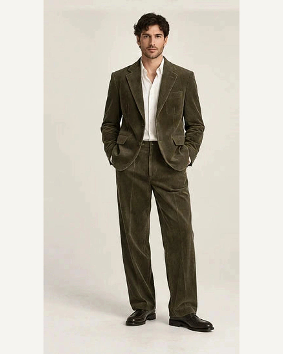 DFCOLOR::Olive::onbody — Tobacco Corduroy Two-Piece Suit; 4:5 full-image reframed without crop