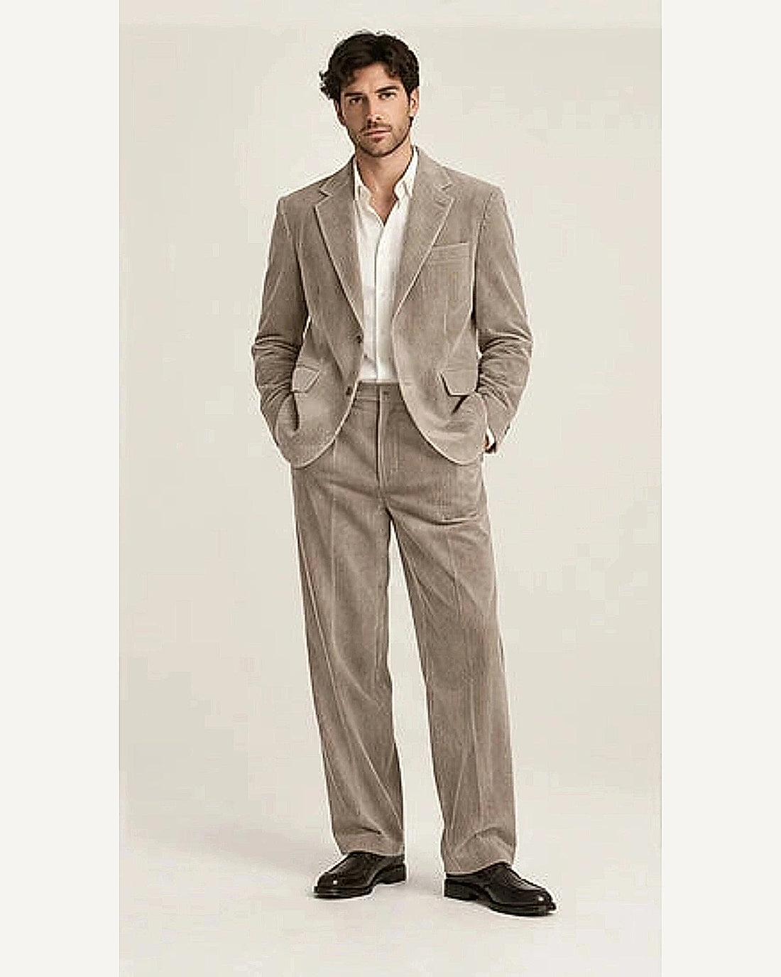 DFCOLOR::Stone::onbody — Tobacco Corduroy Two-Piece Suit; 4:5 full-image reframed without crop