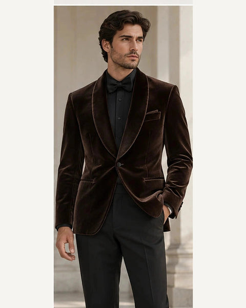 DFCOLOR::Chocolate::onbody — Burgundy Velvet Shawl-Collar Jacket; 4:5 full-image reframed without crop