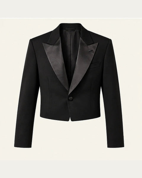 DFCOLOR::Black::product-front — Black Cropped Dinner Jacket with Satin Lapels; original unmodified garment layout fitted to a complete 4:5 frame without trimming