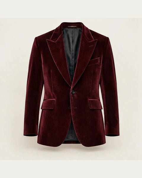 DFCOLOR::Burgundy::product-front — Burgundy Velvet Peak-Lapel Blazer; original unmodified garment layout fitted to a complete 4:5 frame without trimming