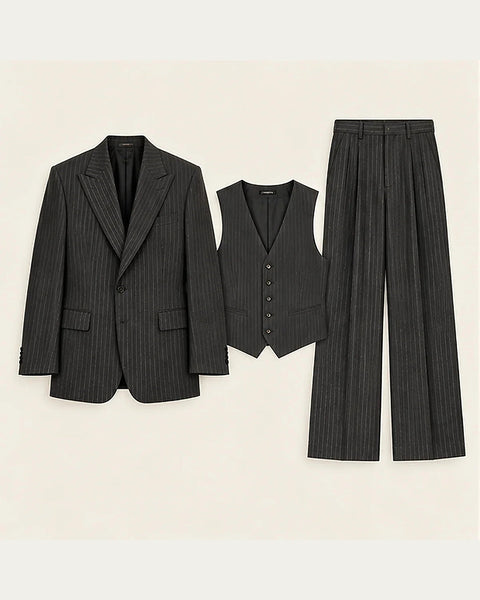 DFCOLOR::Charcoal::product-front — Charcoal Pinstripe Wide-Leg Three-Piece Suit, complete front presentation of jacket, waistcoat and matching wide-leg trousers