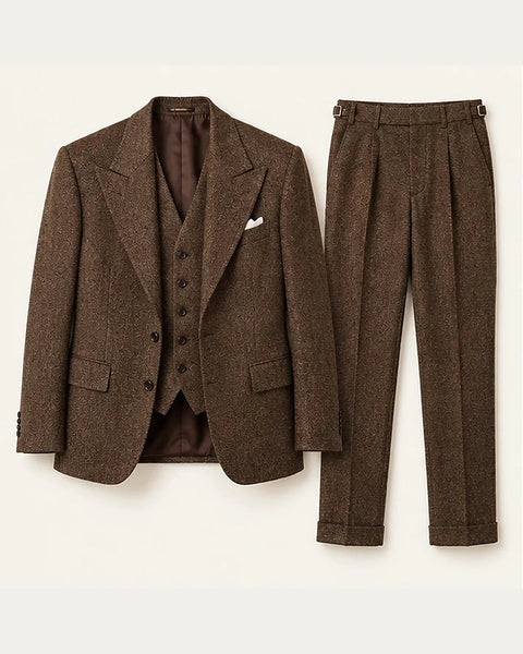 DFCOLOR::Chocolate::product-front — Chocolate Herringbone Three-Piece Suit; original unmodified garment layout fitted to a complete 4:5 frame without trimming