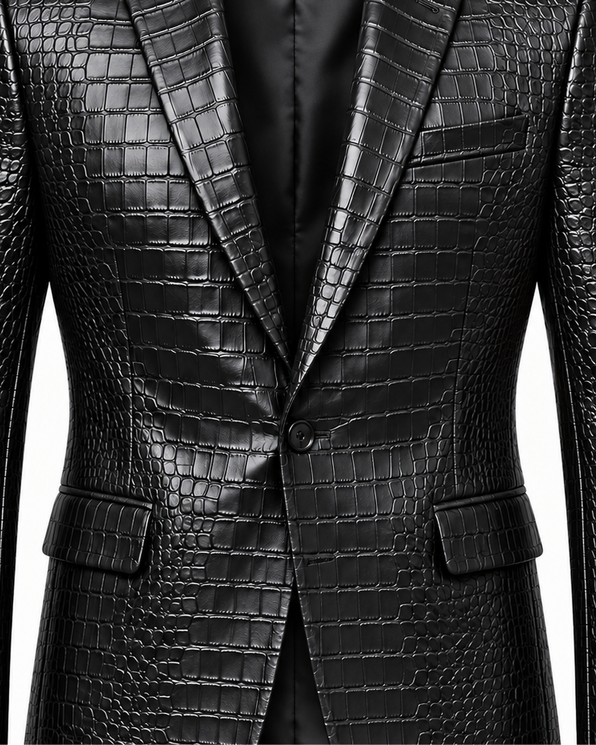 DFCOLOR::Black::detail — Crocodile-Embossed PU Blazer, same original photo source-preserved, 2400x3000 corrected sharpness
