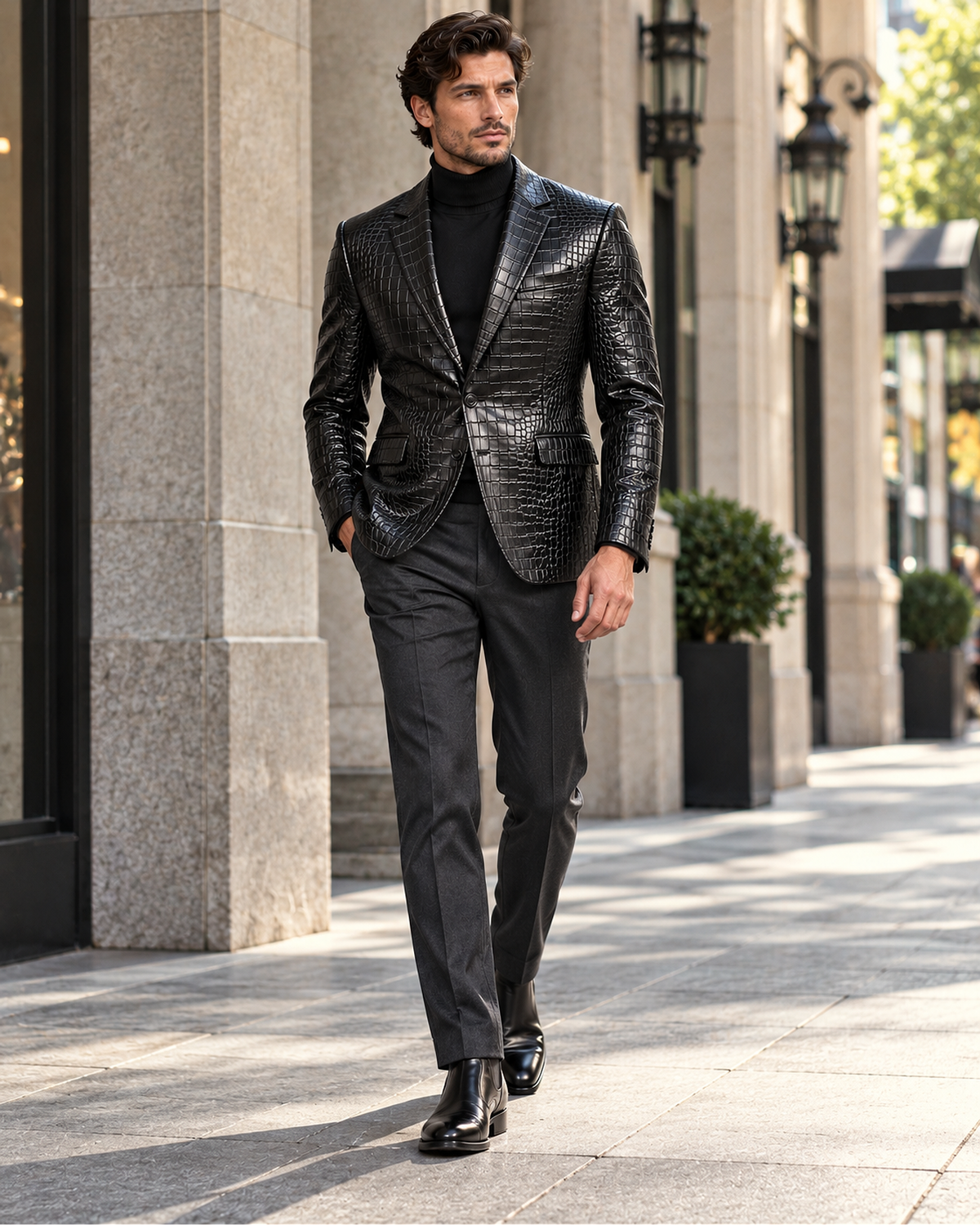 DFCOLOR::Black::lifestyle — Crocodile-Embossed PU Blazer, same original photo source-preserved, 2400x3000 corrected sharpness