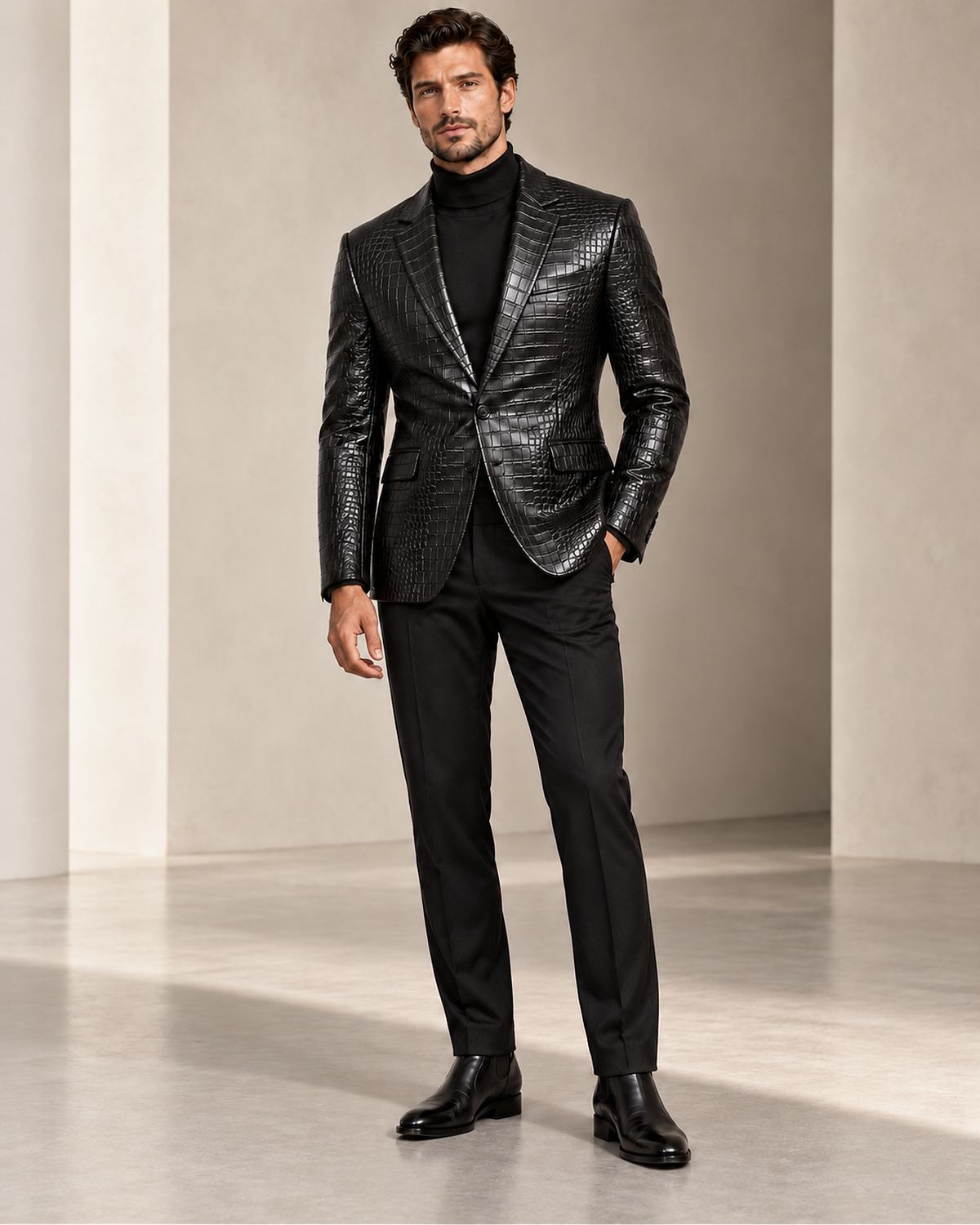 DFCOLOR::Black::onbody — Crocodile-Embossed PU Blazer, same original photo source-preserved, 2400x3000 corrected sharpness