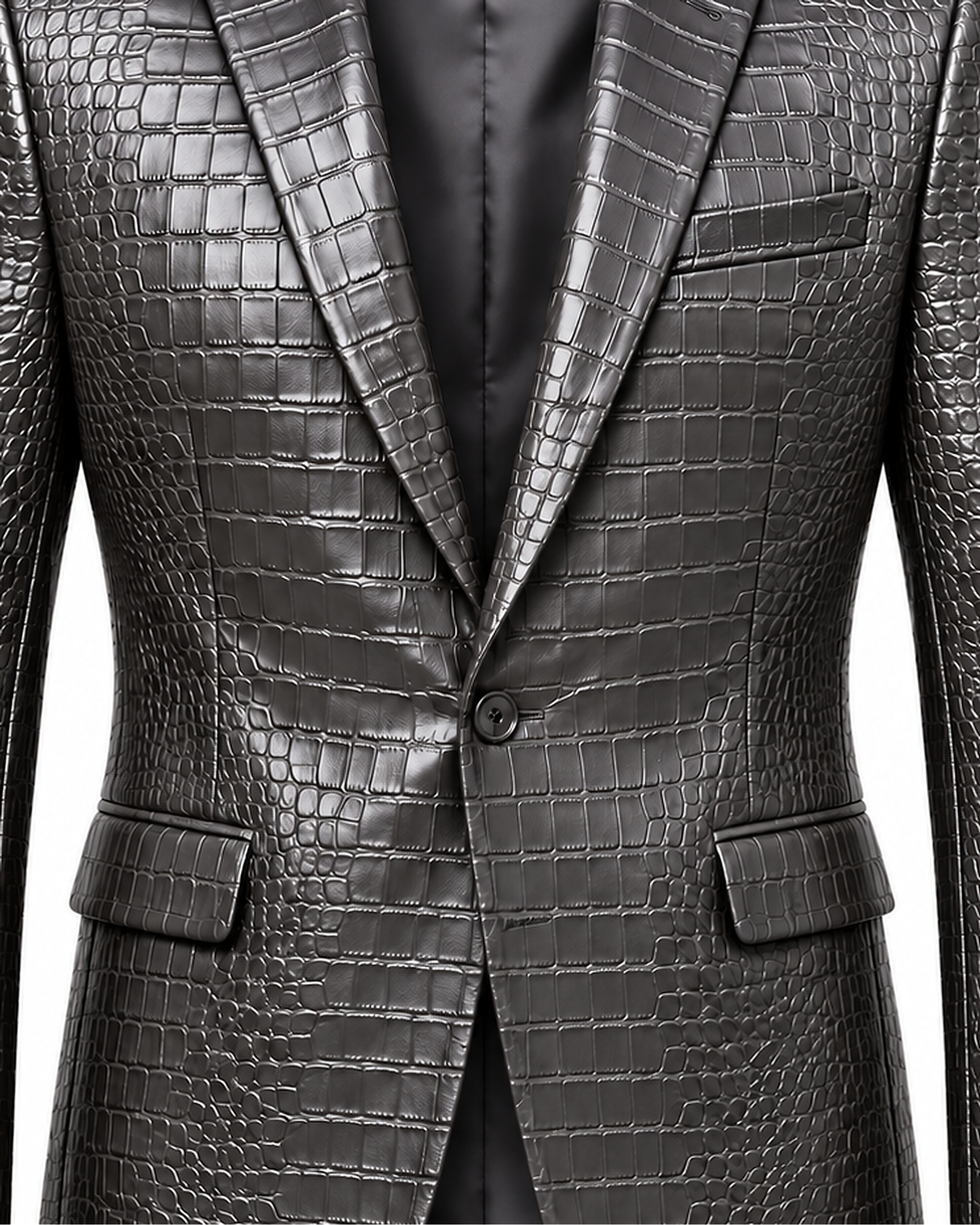 DFCOLOR::Charcoal::detail — Crocodile-Embossed PU Blazer, same original photo source-preserved, 2400x3000 corrected sharpness