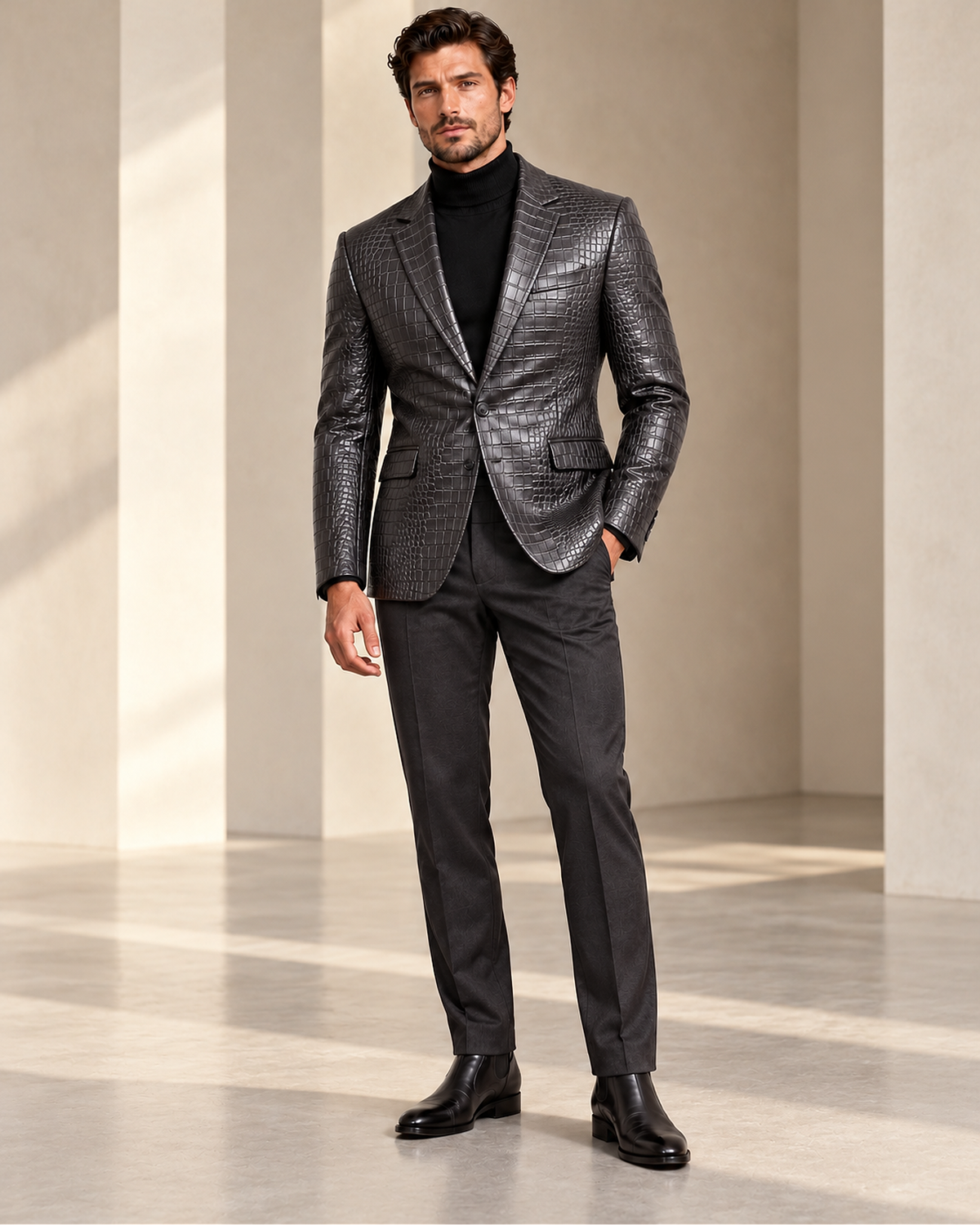 DFCOLOR::Charcoal::onbody — Crocodile-Embossed PU Blazer, same original photo source-preserved, 2400x3000 corrected sharpness