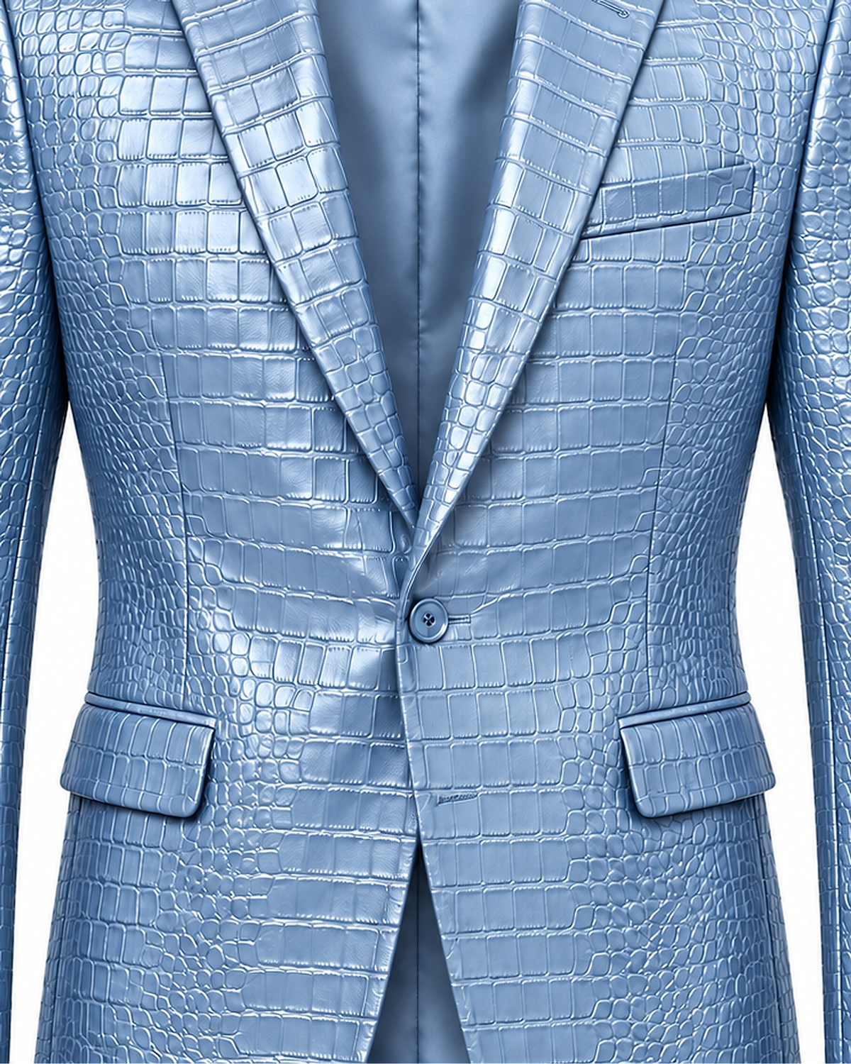 DFCOLOR::Sky Blue::detail — Crocodile-Embossed PU Blazer, same original photo source-preserved, 2400x3000 corrected sharpness