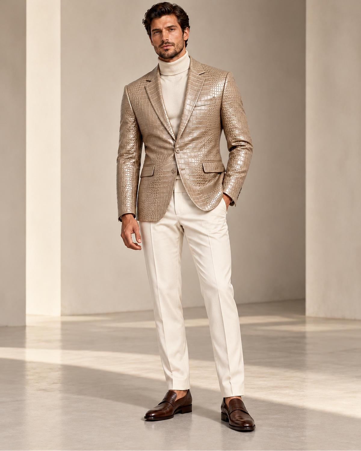 DFCOLOR::Stone::onbody — Crocodile-Embossed PU Blazer, same original photo source-preserved, 2400x3000 corrected sharpness
