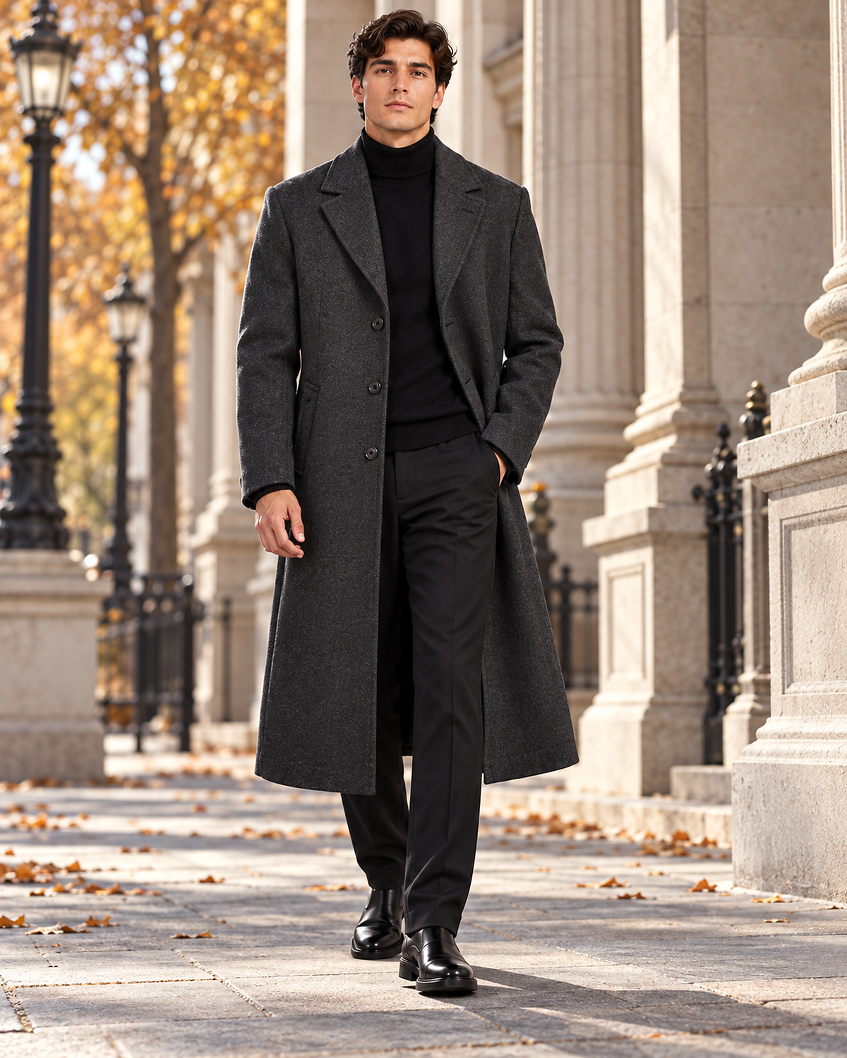 DFCOLOR::Dark Charcoal::lifestyle-autumn — Long Tailored Overcoat, Dark Charcoal autumn city styling, corrected three-button single-breasted front