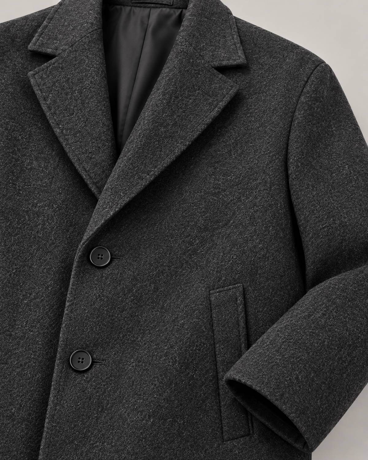 DFCOLOR::Dark Charcoal::detail-fabric-lapel — Long Tailored Overcoat, Dark Charcoal textured coating fabric and lapel detail