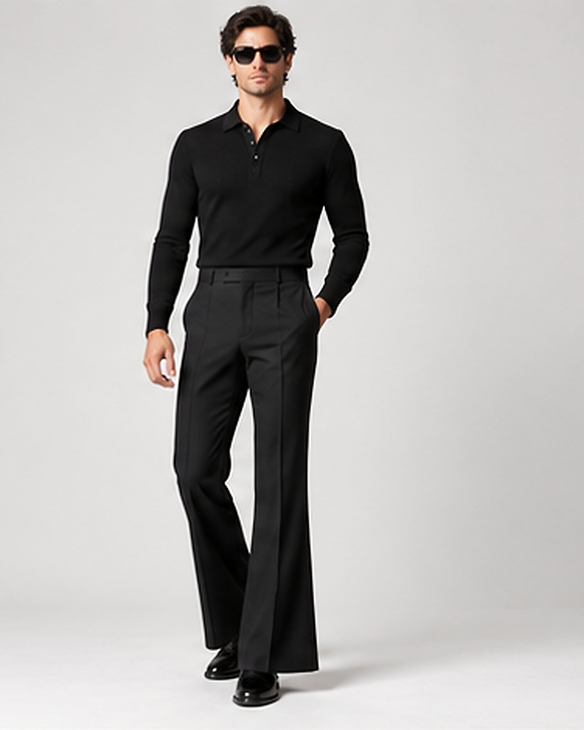 DFCOLOR::Black::lookbook — Retro 70s Bell-Bottom Flare Pants; original Black source photo with sharpened output 2400x3000
