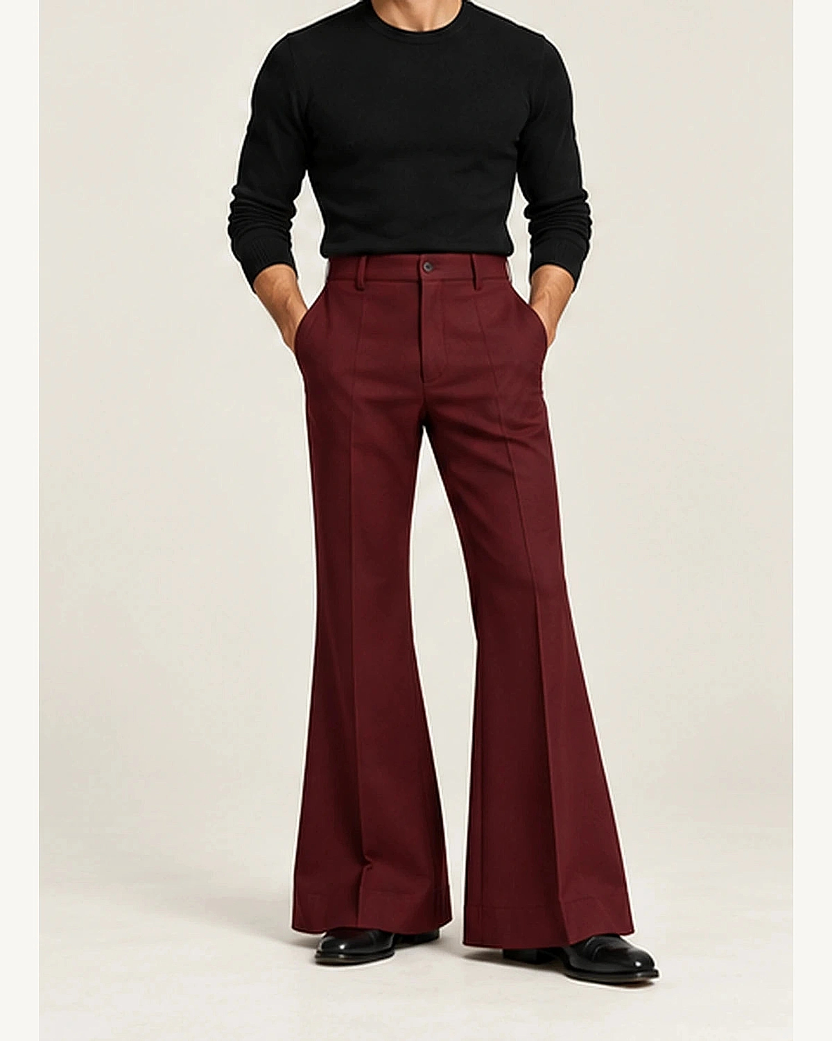 DFCOLOR::Burgundy::onbody — Retro 70s Bell-Bottom Flare Pants; true Burgundy source photograph, refined clarity and fit within 2400×3000 frame, original fashion styling preserved