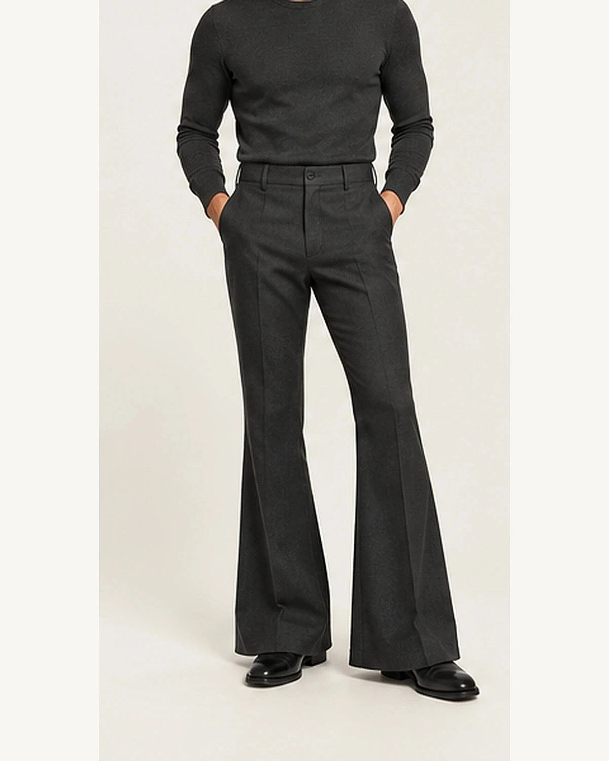 DFCOLOR::Charcoal::onbody — Retro 70s Bell-Bottom Flare Pants; true Charcoal source photograph, refined clarity and fit within 2400×3000 frame, original fashion styling preserved
