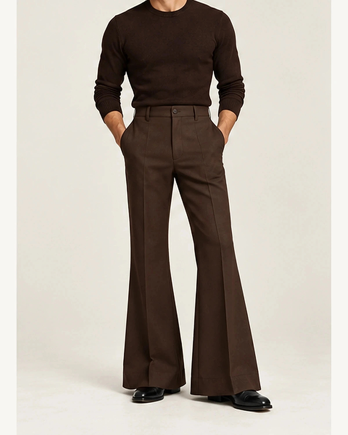 DFCOLOR::Espresso::onbody — Retro 70s Bell-Bottom Flare Pants; true Espresso source photograph, refined clarity and fit within 2400×3000 frame, original fashion styling preserved