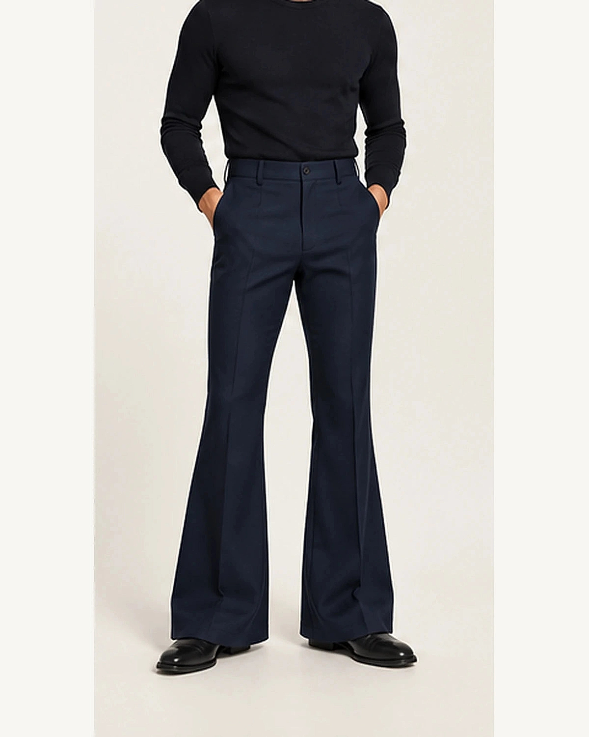 DFCOLOR::Navy::onbody — Retro 70s Bell-Bottom Flare Pants; true Navy source photograph, refined clarity and fit within 2400×3000 frame, original fashion styling preserved