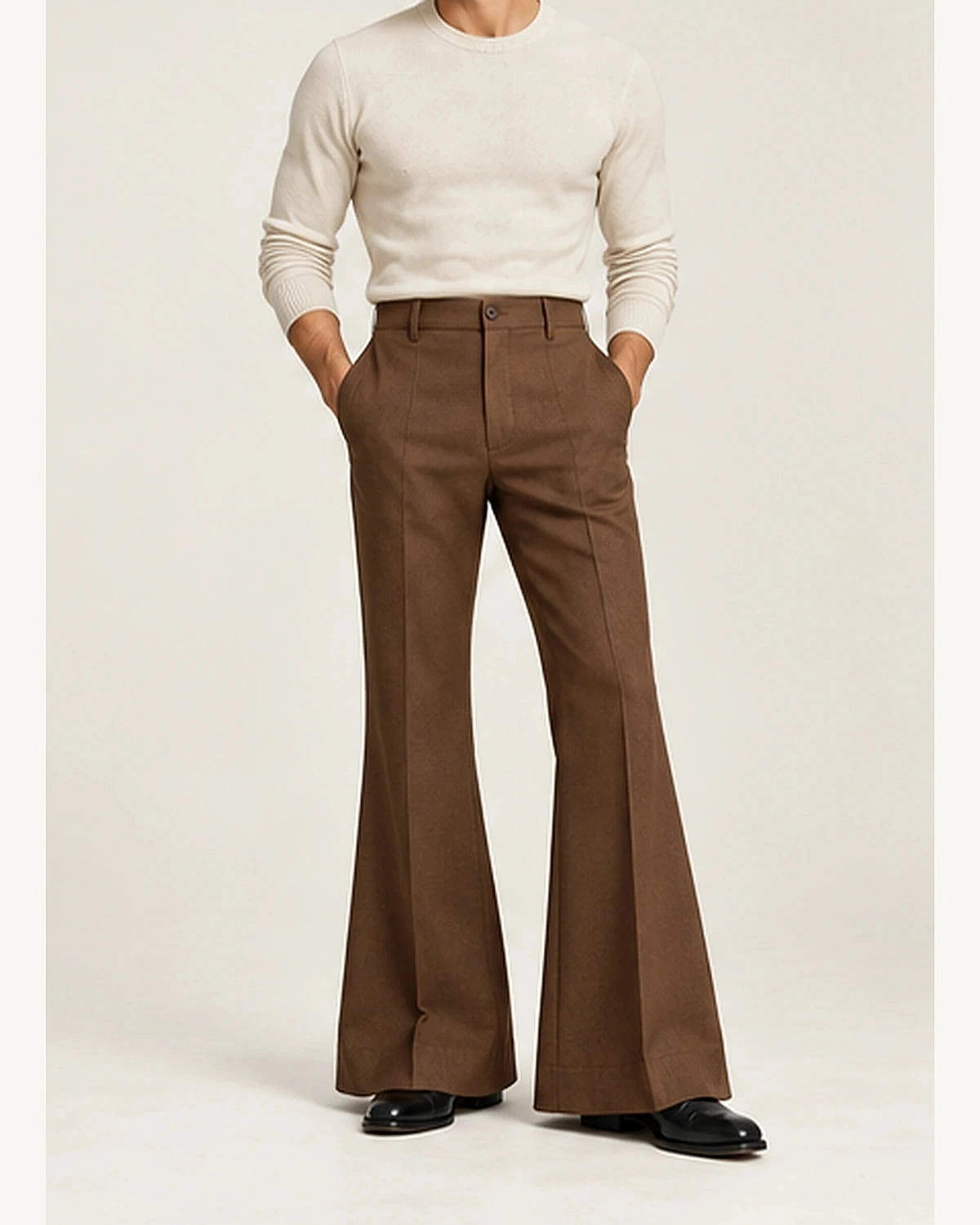 DFCOLOR::Walnut::onbody — Retro 70s Bell-Bottom Flare Pants; true Walnut source photograph, refined clarity and fit within 2400×3000 frame, original fashion styling preserved