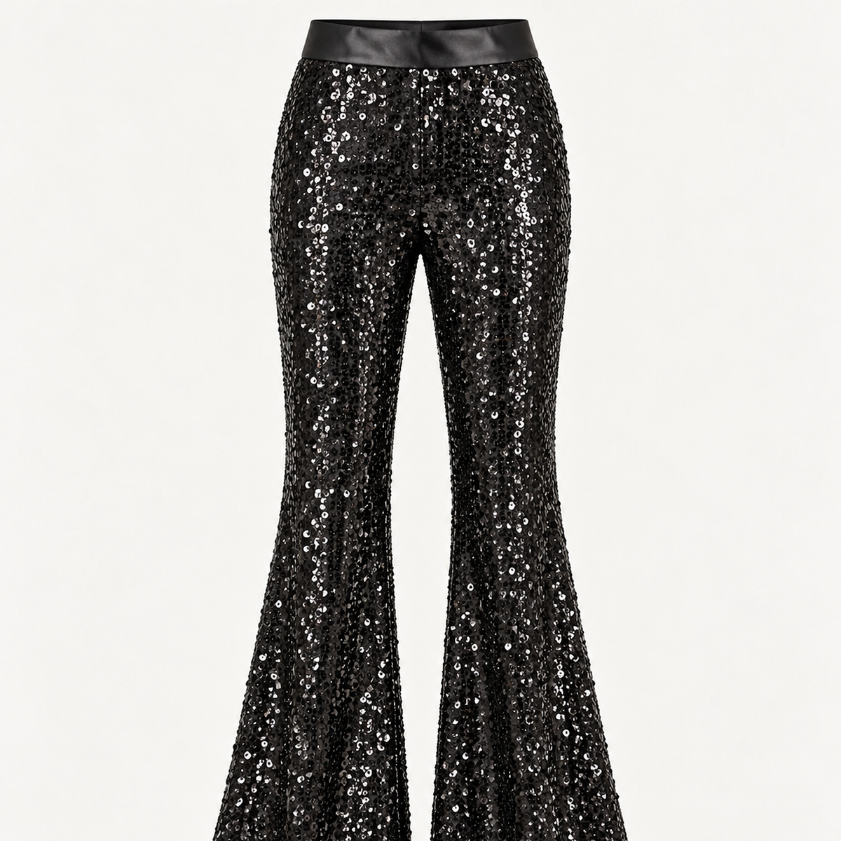 DFCOLOR::Black::detail-waist — Black sequin flare pants, approved unsequined same-color satin waistband detail