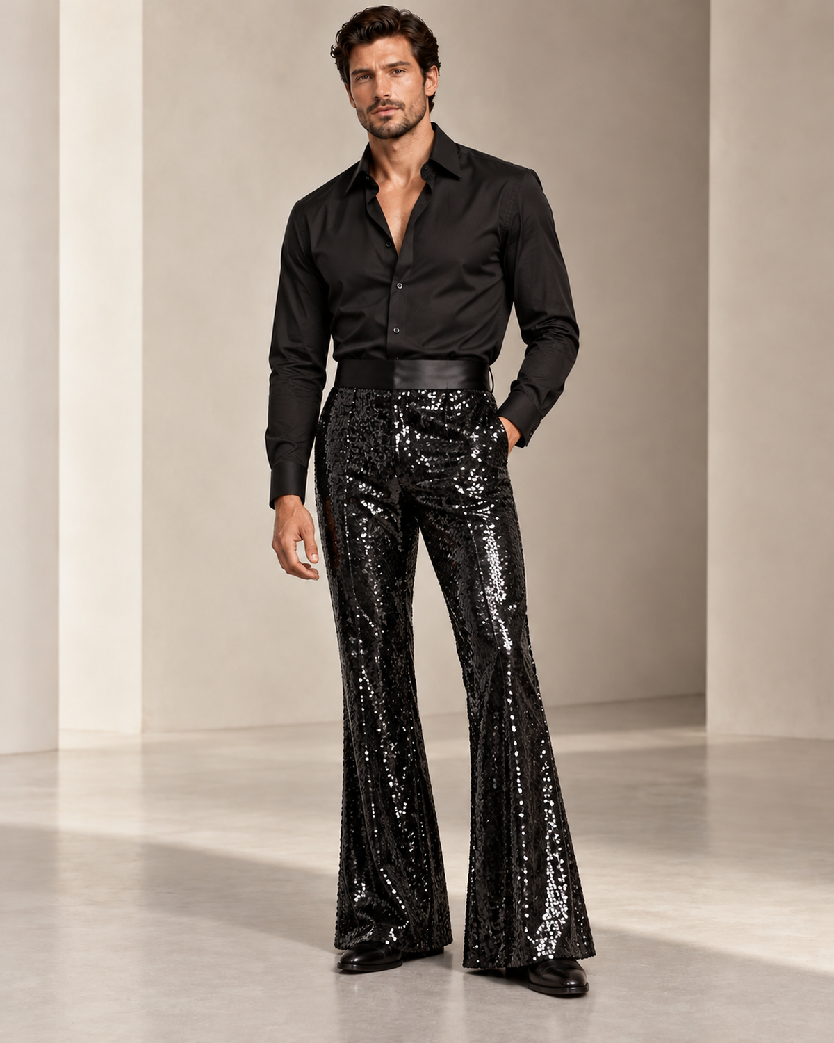 DFCOLOR::Black::onbody — Sparkle Sequin Flare Pants, black sequin bell-bottom pants on model with unsequined same-tone satin waist, 2400×3000